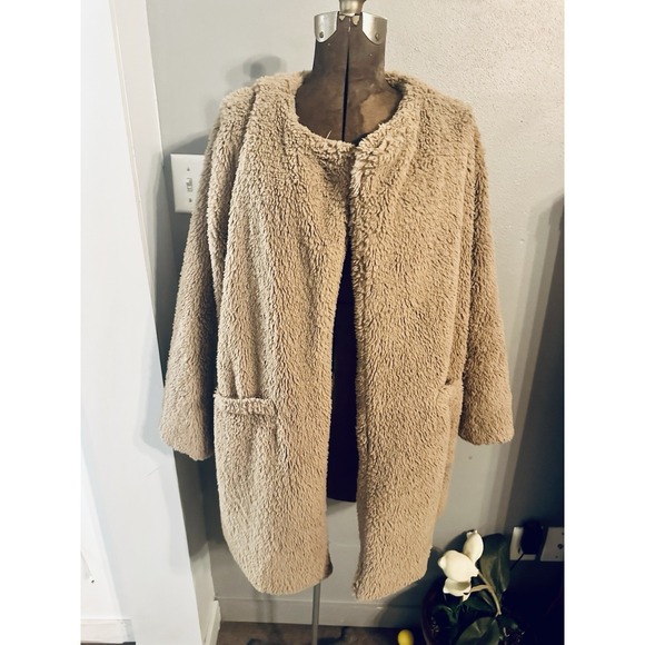 Democracy Jackets & Blazers - Democracy Womens Tan Beige‎ Faux Fur Teddy Coat Open Front Jacket Medium M